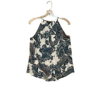 Express Halter Top Womens Medium Blue Boho Paisley Button Front Sleeveless Airy